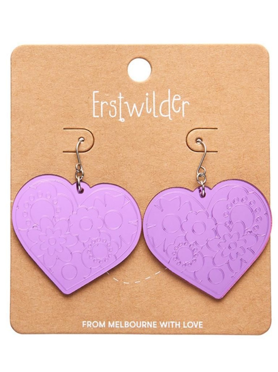 Erstwilder Love Heart Mirror Drop Earrings - Purple | Earrings