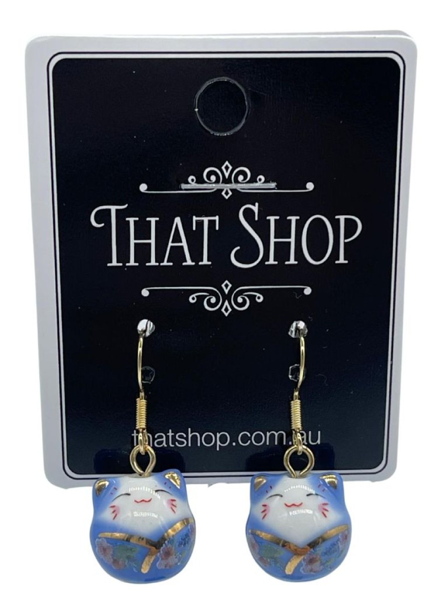 That Shop Lucky Cat Drop Earrings - Blue | Earrings