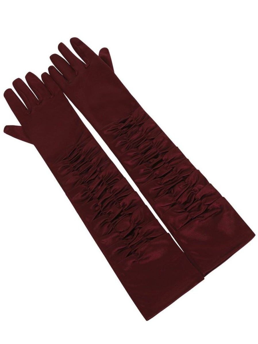 Collectif Ellie Satin Elbow Gloves - Burgundy | Gloves