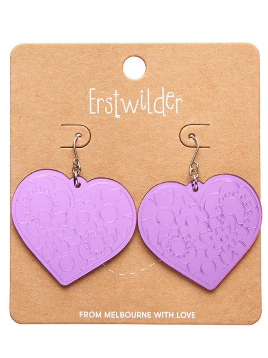 Erstwilder Love Heart Mirror Drop Earrings - Purple | Jewellery