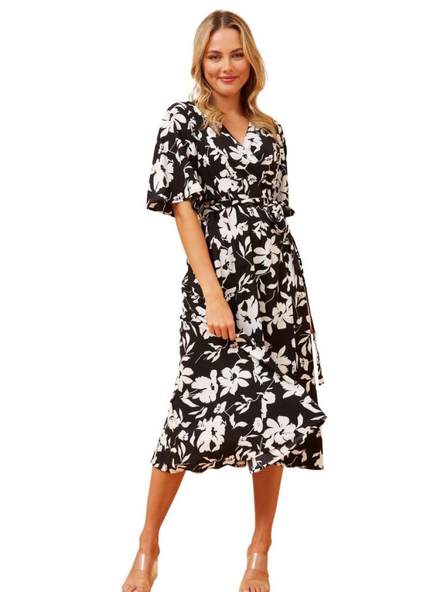 Caroline Morgan Tammy Wrap - Black Floral | Dresses